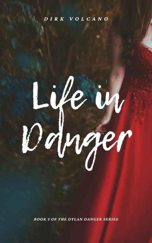 Life in Danger Book Cover. A woman in a red dress standing in front of a tree. Bold white title on a dark background.